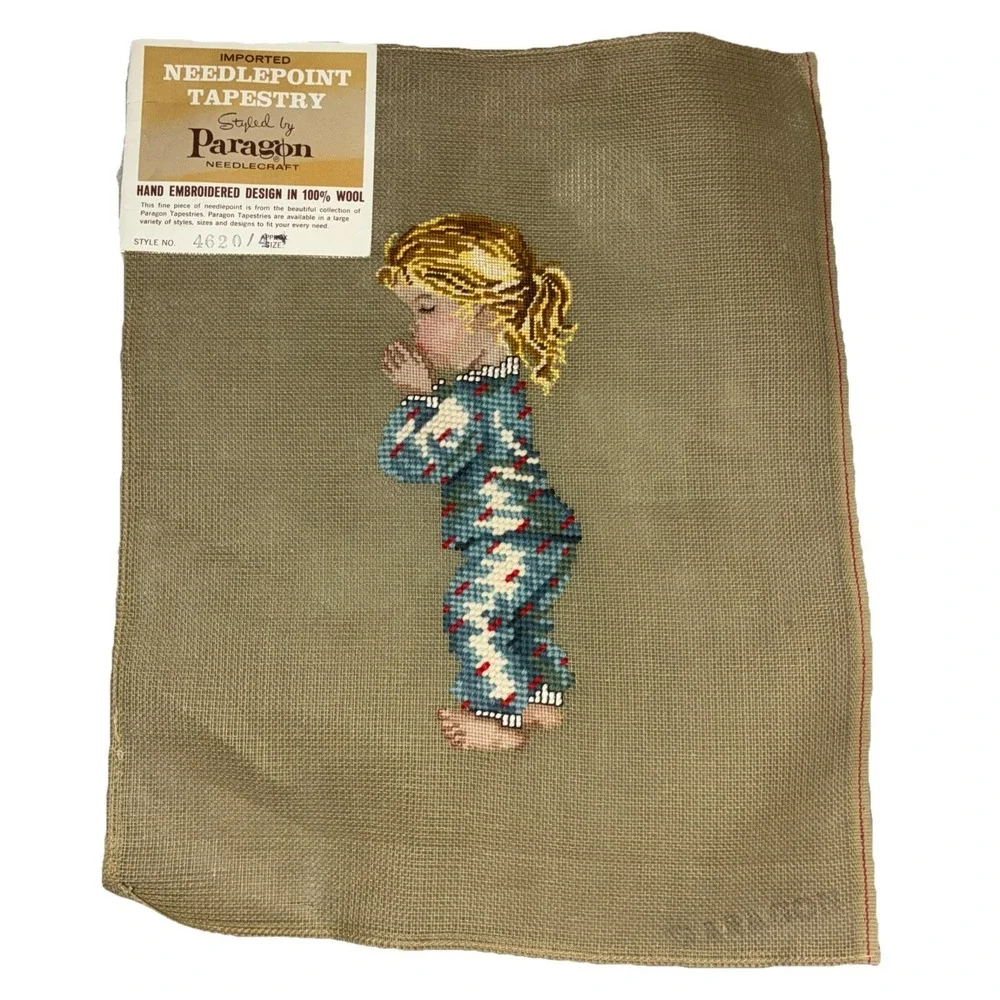 Paragon Needlepoint Tapestry Preworked Praying‎ Boy Girl Bedtime Prayer Vtg NEW